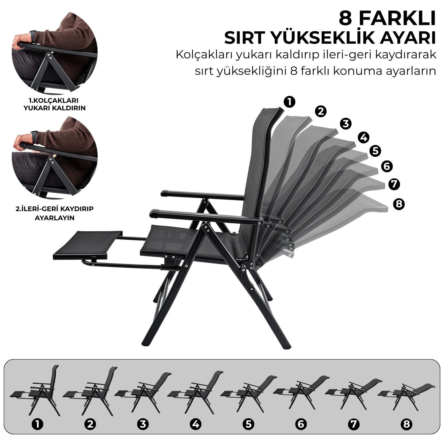 Sırt Ayarlı Katlanabilir Kamp Sandalyesi - 8 Kademeli - Bacak Uzatmalı - Recline