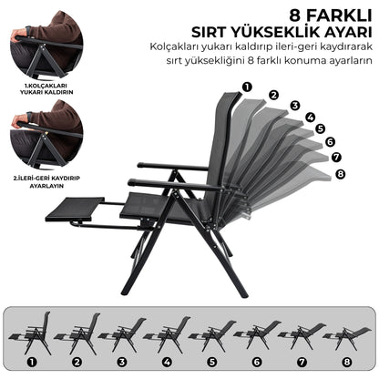 Sırt Ayarlı Katlanabilir Kamp Sandalyesi - 8 Kademeli - Bacak Uzatmalı - Recline