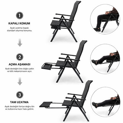 Sırt Ayarlı Katlanabilir Kamp Sandalyesi - 8 Kademeli - Bacak Uzatmalı - Recline