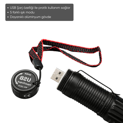 USB Şarj Edilebilir El Feneri - Wison - 1000 Lümen - 10 Watt - (WS-2828)